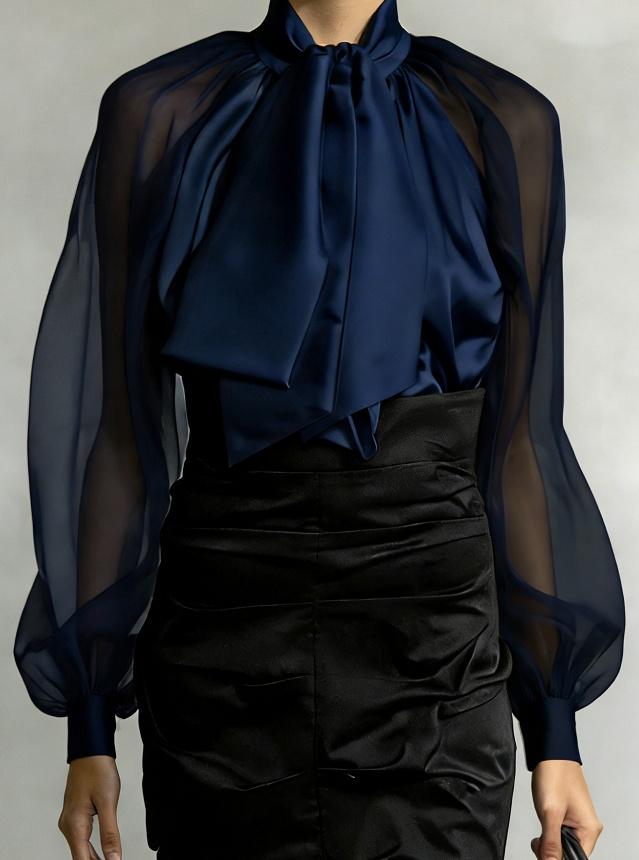 Women's French Retro Style Flowy Collar Slightly Sheer Puff Sleeve Loose Shirt