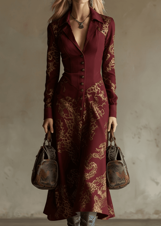 American Retro Style Lapel Fitted Waist Long Shirt Dress For Women