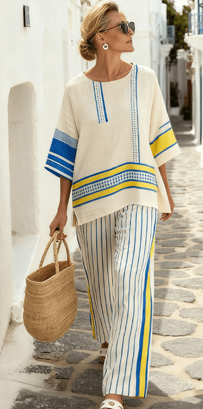 Summer Striped Suits Loose Batwing Sleeve T-shirt And Solid Straight-leg Pants