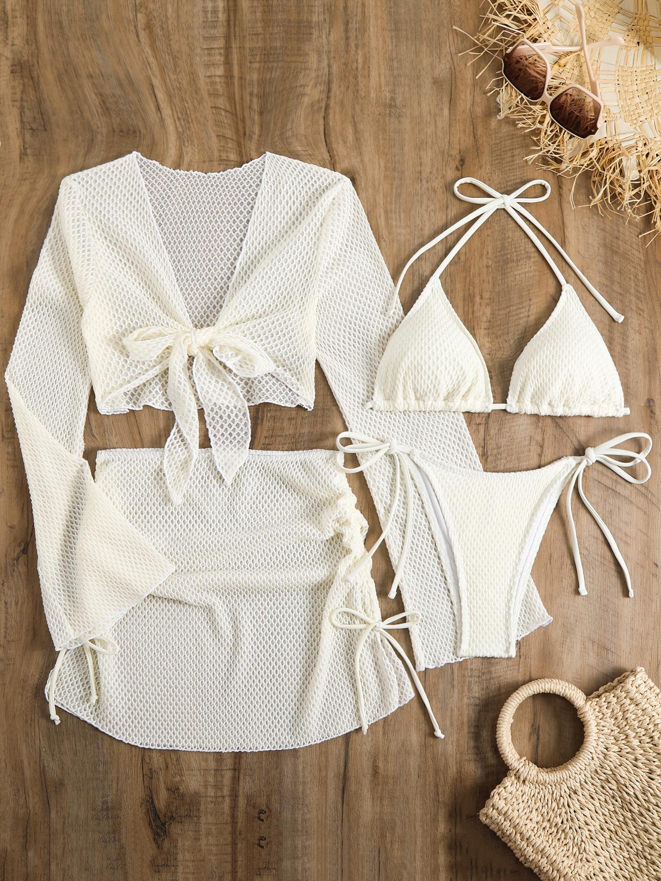Cross-border Lightweight Sheer Lacey Off-white Vacation Swimsuit Set