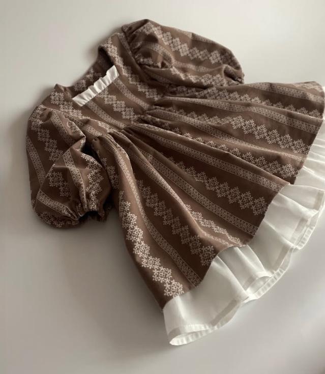 Printed Color Block Court-Style Forest-Feel Long-Sleeve Dress