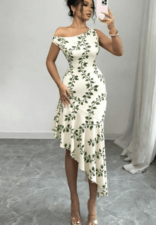 French-style Elegant Floral Print Off-shoulder Asymmetrical Fishtail Dress For Women