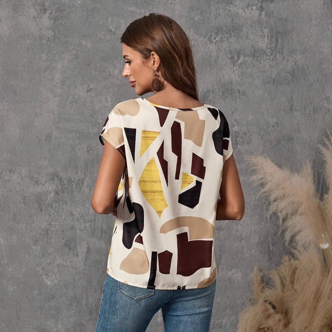 Womens Round-neck Printed Short-sleeve Top