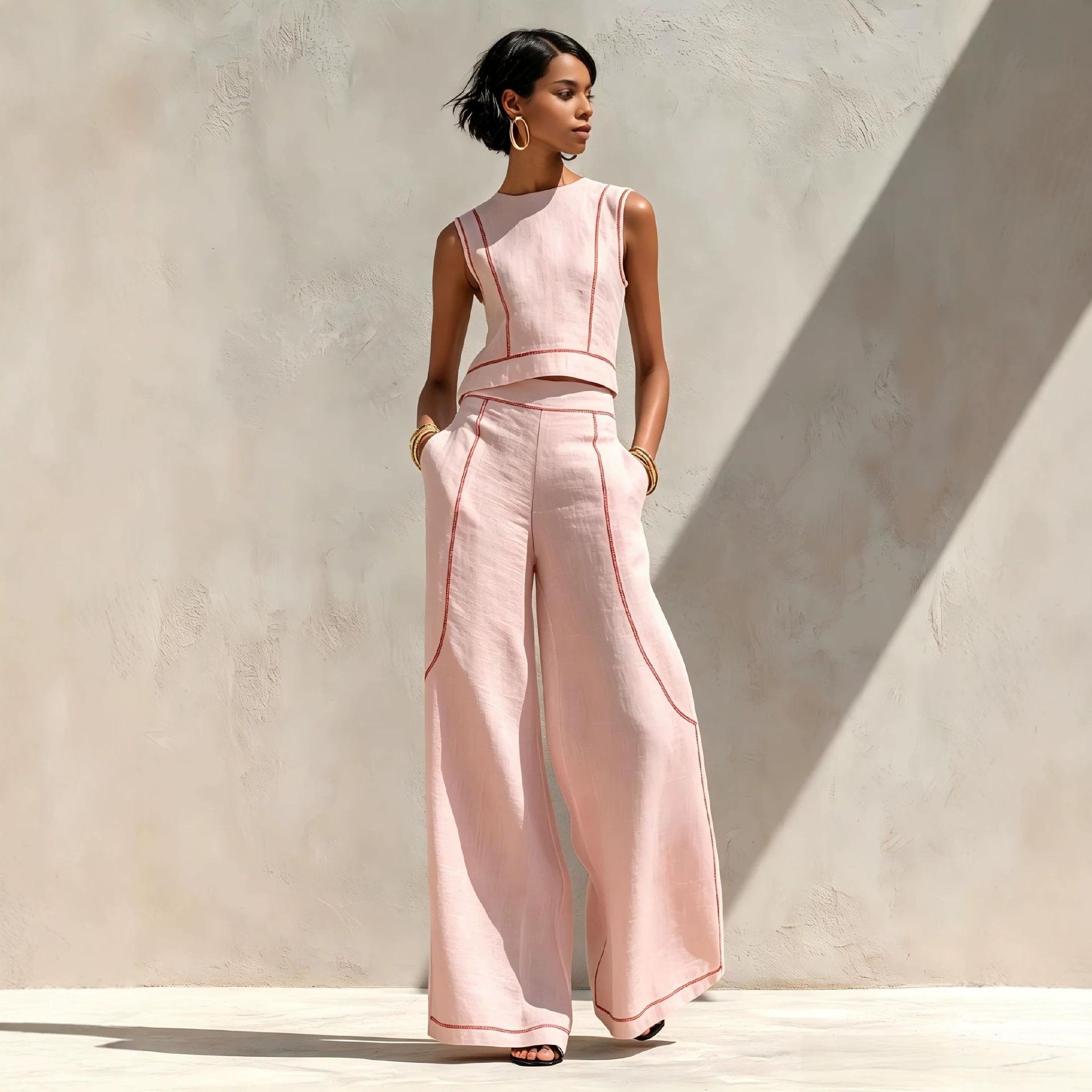 Sleeveless Color-Block Wide-Leg Pants Set Womens Summer Casual Chic Two-Piece Outfit