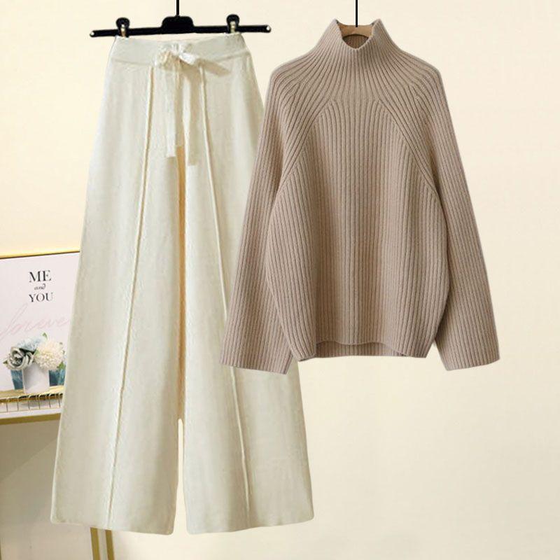 Sweater Lace-up Cropped Drooping Wide Leg Pants Suit