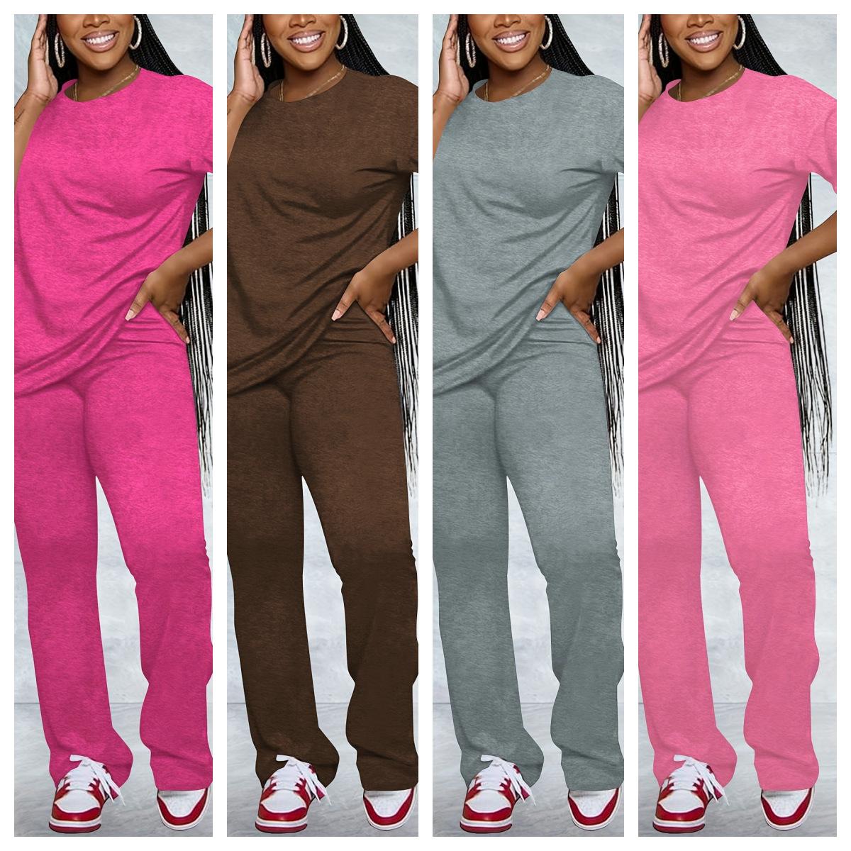 Casual Solid-Color Cotton-Like Crew-Neck Two-Piece Set
