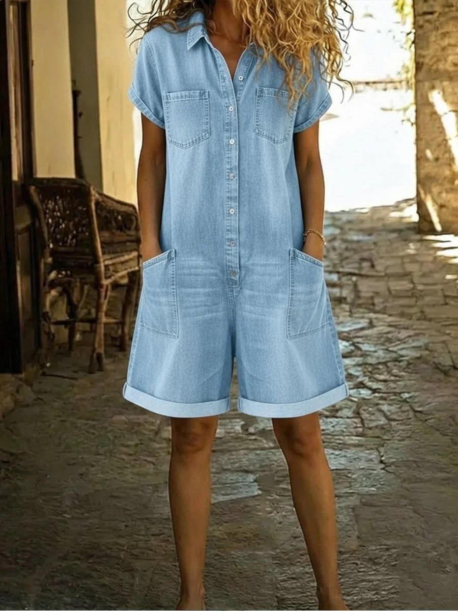 Womens Spring Short-Sleeve Multi-Pocket Shirt Washed Denim Jumpsuit