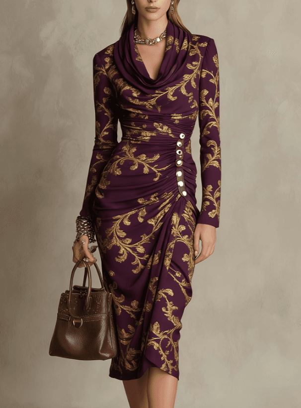 Vintage Court-style Gold Foil Printed Dress