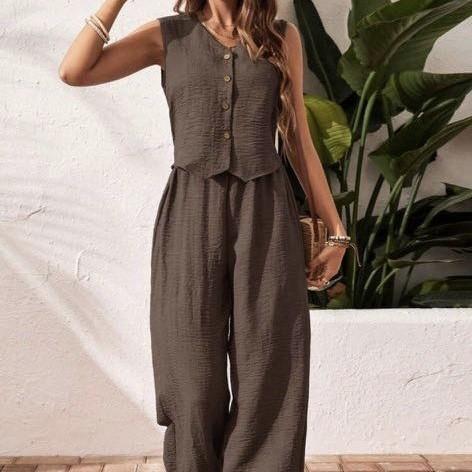 Linen Leisure Commute Front Button Vest And Trousers