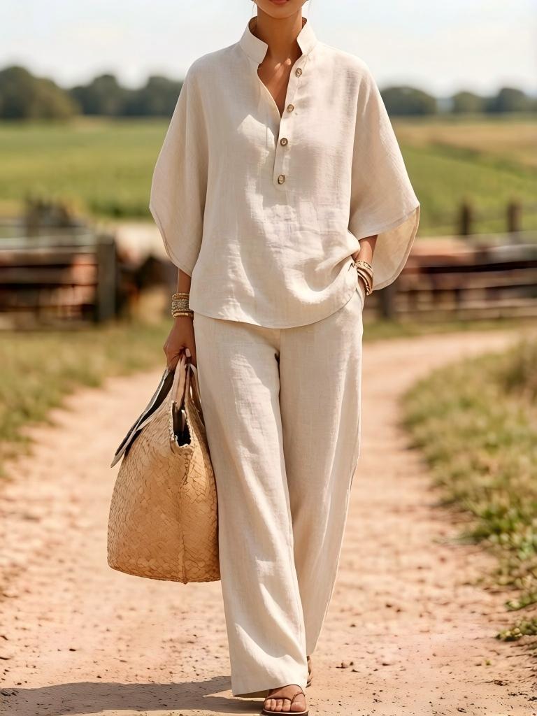 Linen Two-Piece Set For Women Shirt And Wide-Leg Pants