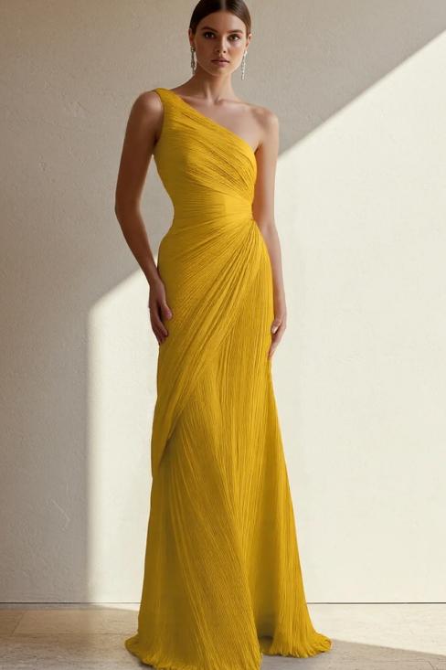 One-shoulder pleated long dress, flowing tight dress