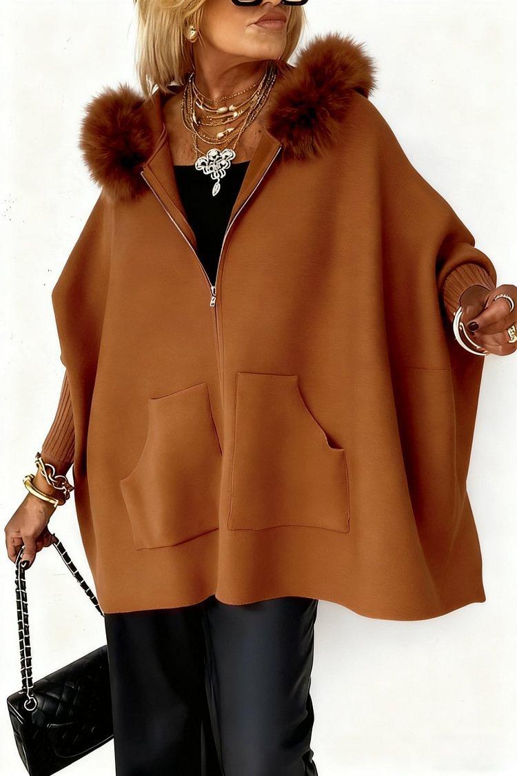 Ins Plush Hooded Cardigan Fashion Warm Pockets Zip-up Knitted Jacket Casual Outerwear Batwing Sleeve Sweater Women's Clothing