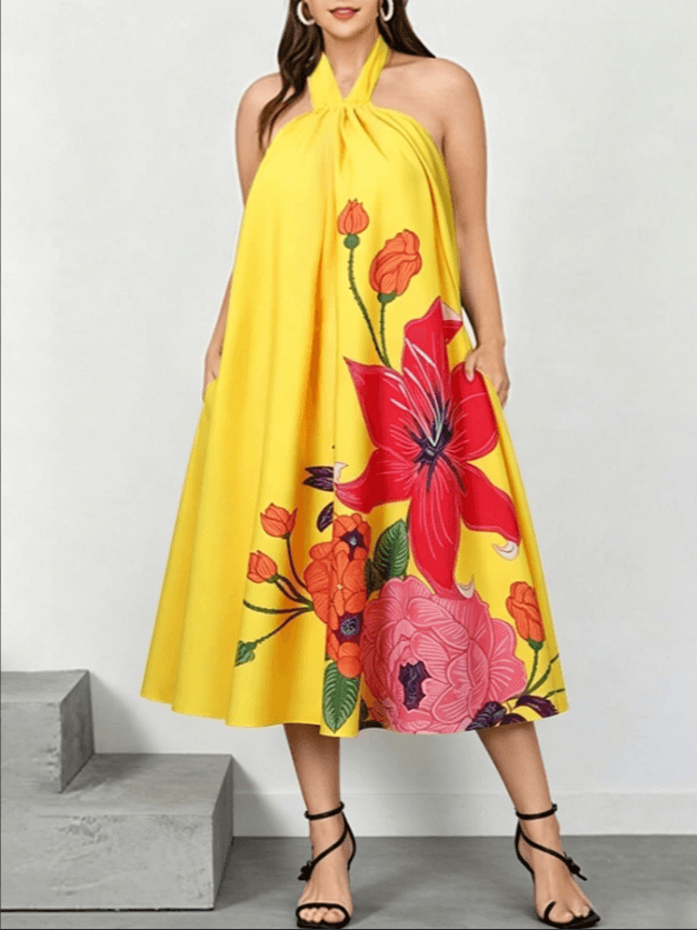 Yellow Large Floral Print Halter Neck Loose Midi Dress With Pockets
