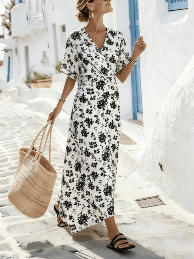 Women's Floral Print Wrap V-Neck Maxi Dress With Short Sleeves