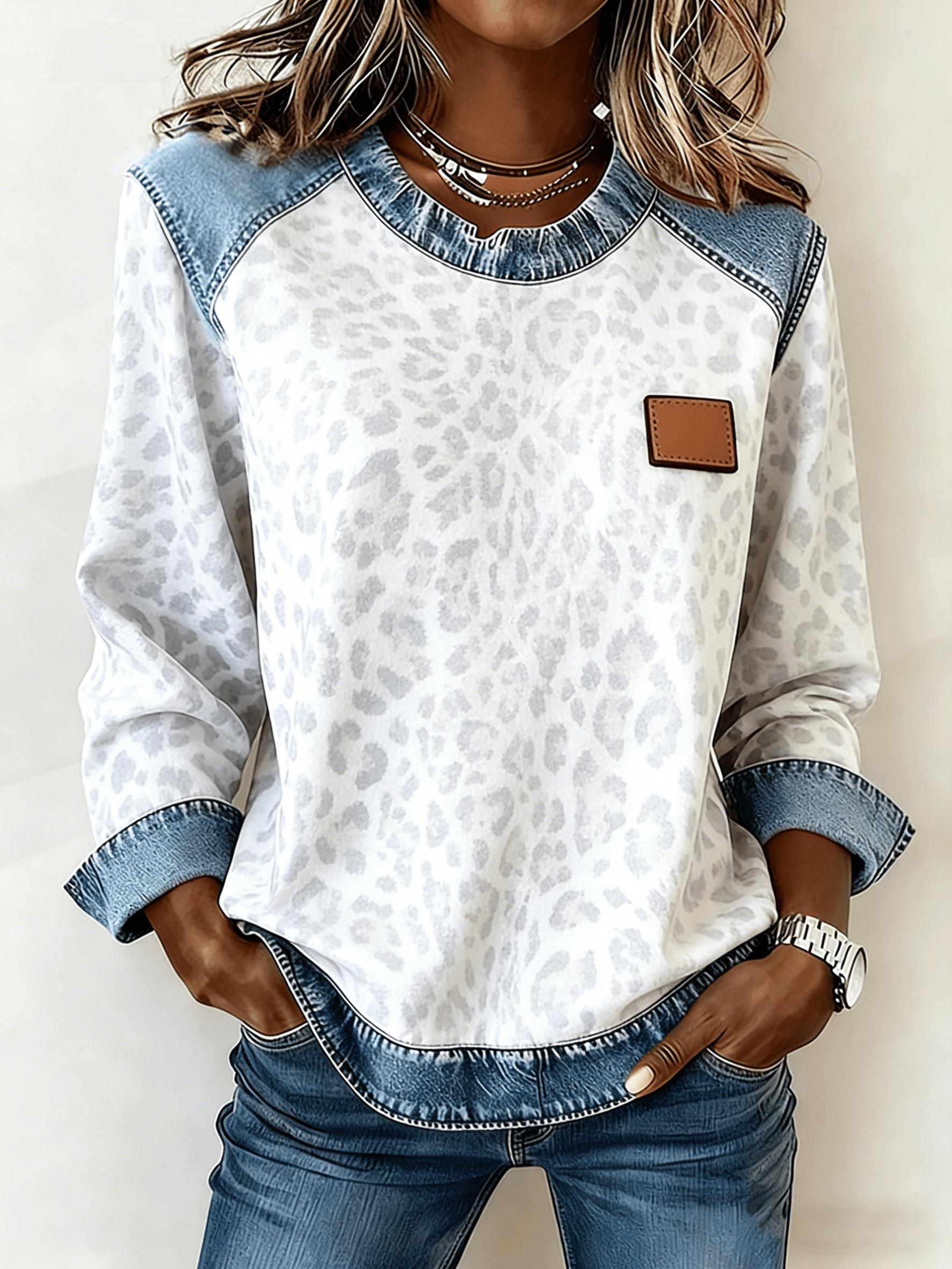 Casual Round Neck Denim Patchwork Leopard Print Long-sleeved Loose Top