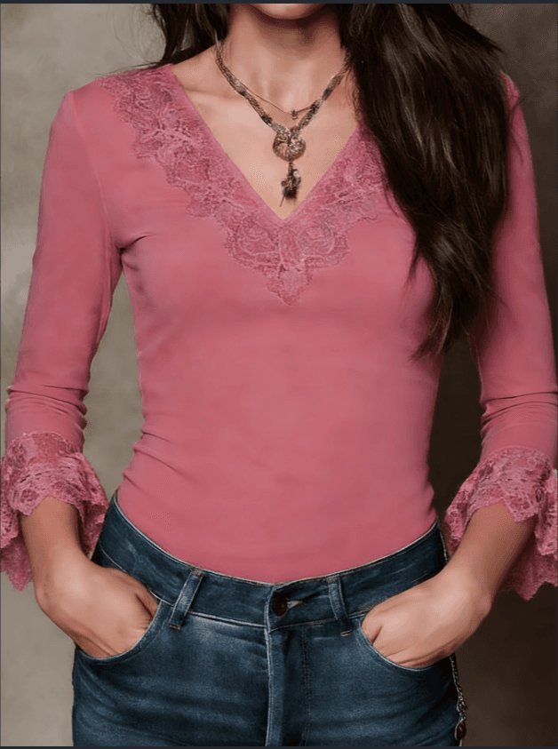 V-Neck Lace Flare Sleeve Slim Fit Base Top