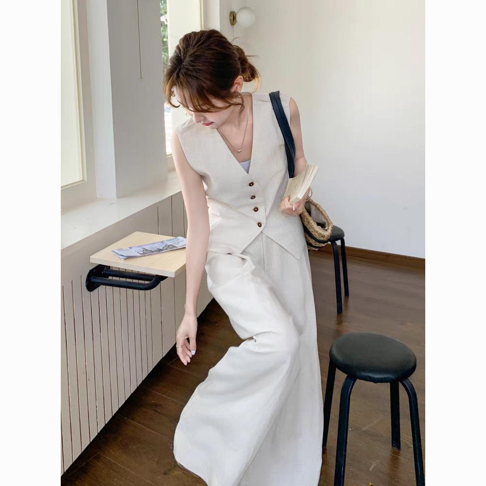Linen Tencel Vest And Wide-leg Long Pants Two Pieces Set
