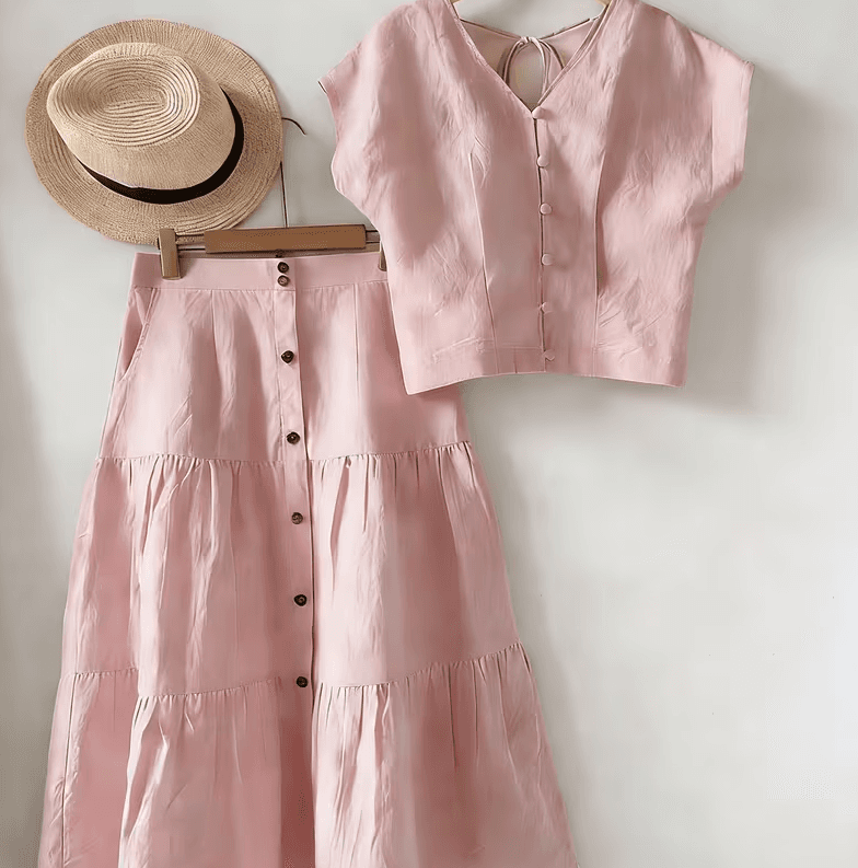 Gentle Style V-neck Button-down Sleeveless Top And High-waisted Skirt Set For Women