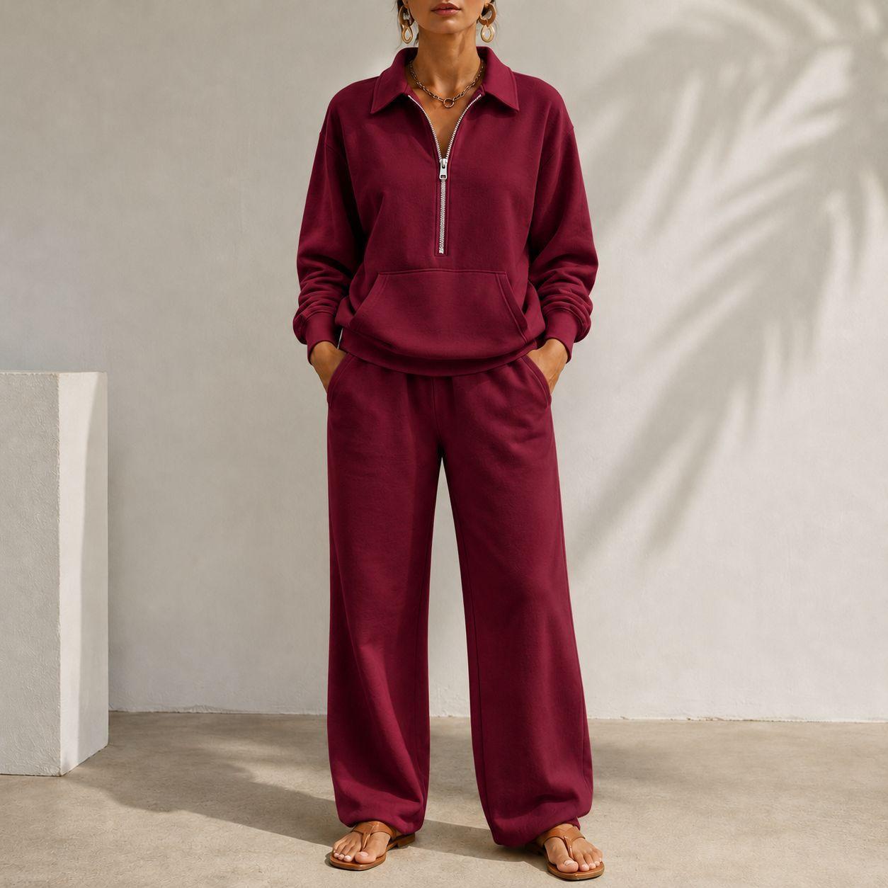 V-neck Patch-pocket Sweatshirt And Casual Wide-leg Trousers A Relaxed-fit Set
