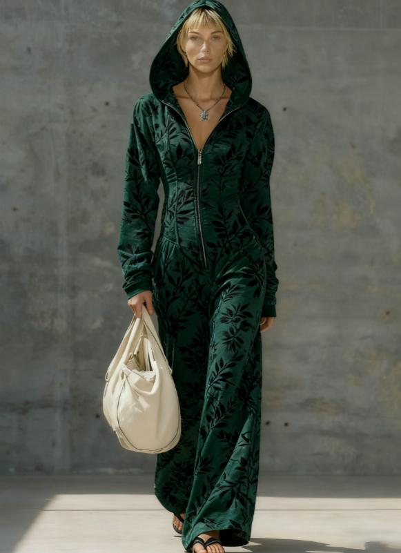 Printed Casual Hooded Zip-up Slim-fit Long Jumpsuit