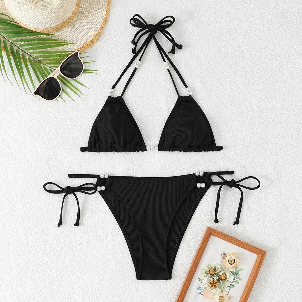 Separate Swimsuit Solid Color Deep V-neck Halter-style Lace-up Sexy Bikini