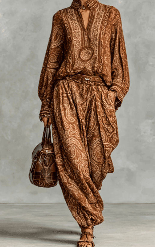 Paisley Print Loose Blouse And  Harem Pants Set