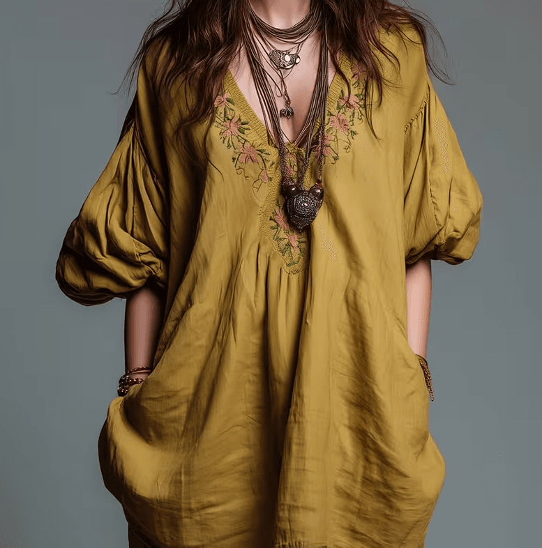 Ethnic Style Embroidered V-neck Loose Lantern Sleeve Top For Women