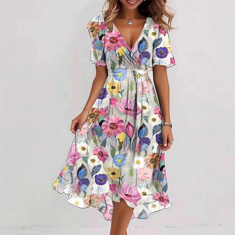 Flowers Printed V-neck Dress Summer A-line Short-sleeved Dresses For Women