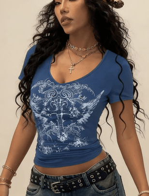 Women's Y2K Retro Cross Pattern V-Neck Slim Fit Short-Sleeve T-Shirt