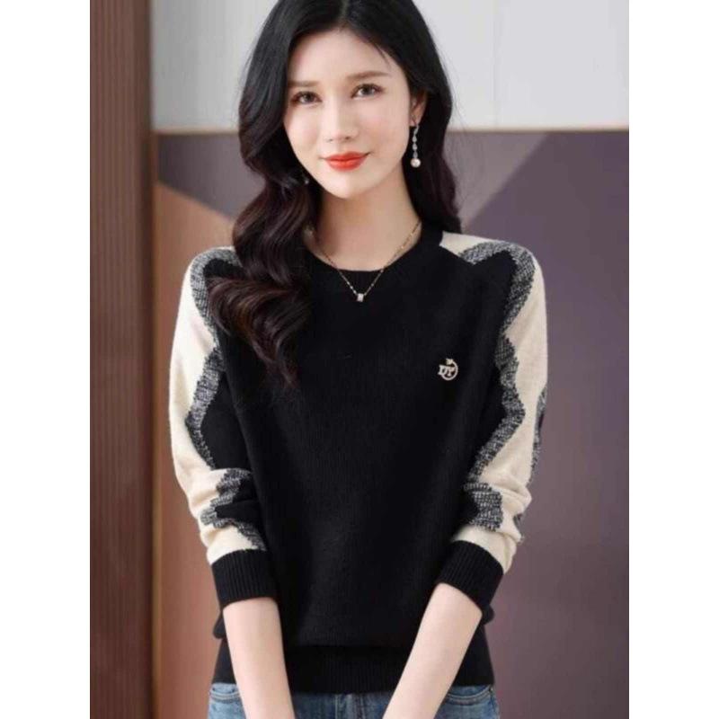 Womens Casual Outfit Round-neck Color-block Sweater Loose-fitting Cropped Knit Top