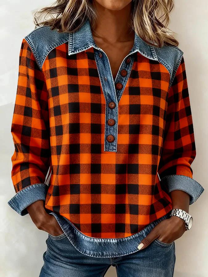 Denim Patchwork Collar Button-down Casual Long-sleeved Top