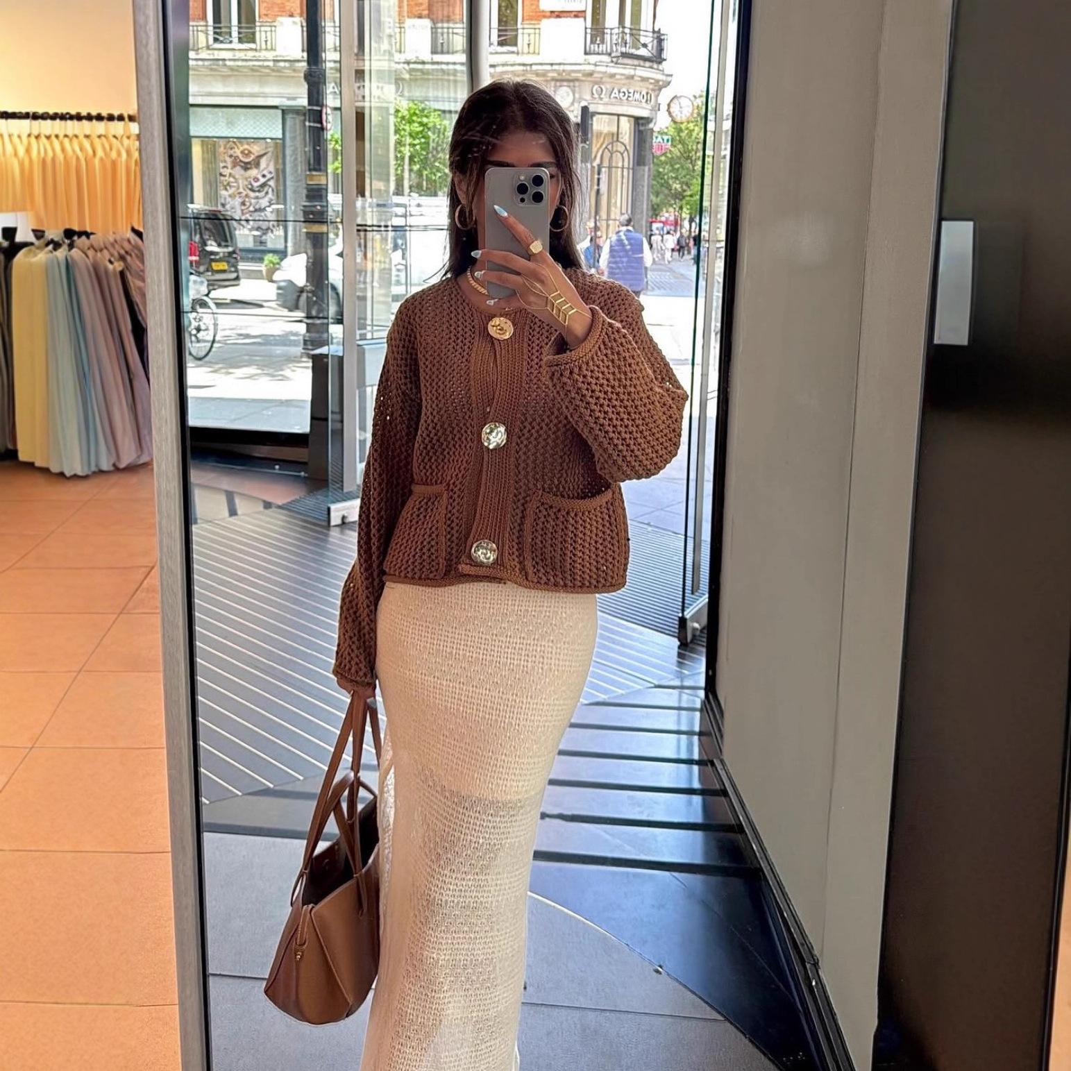Womens Solid-color Single-breasted Round-neck Jacket With Two Pockets