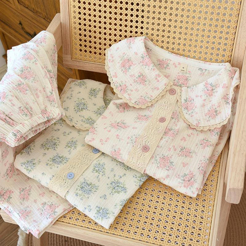 Cotton Floral Sweet Pajamas Women's Casual Long-sleeved Trousers Large Size Suit