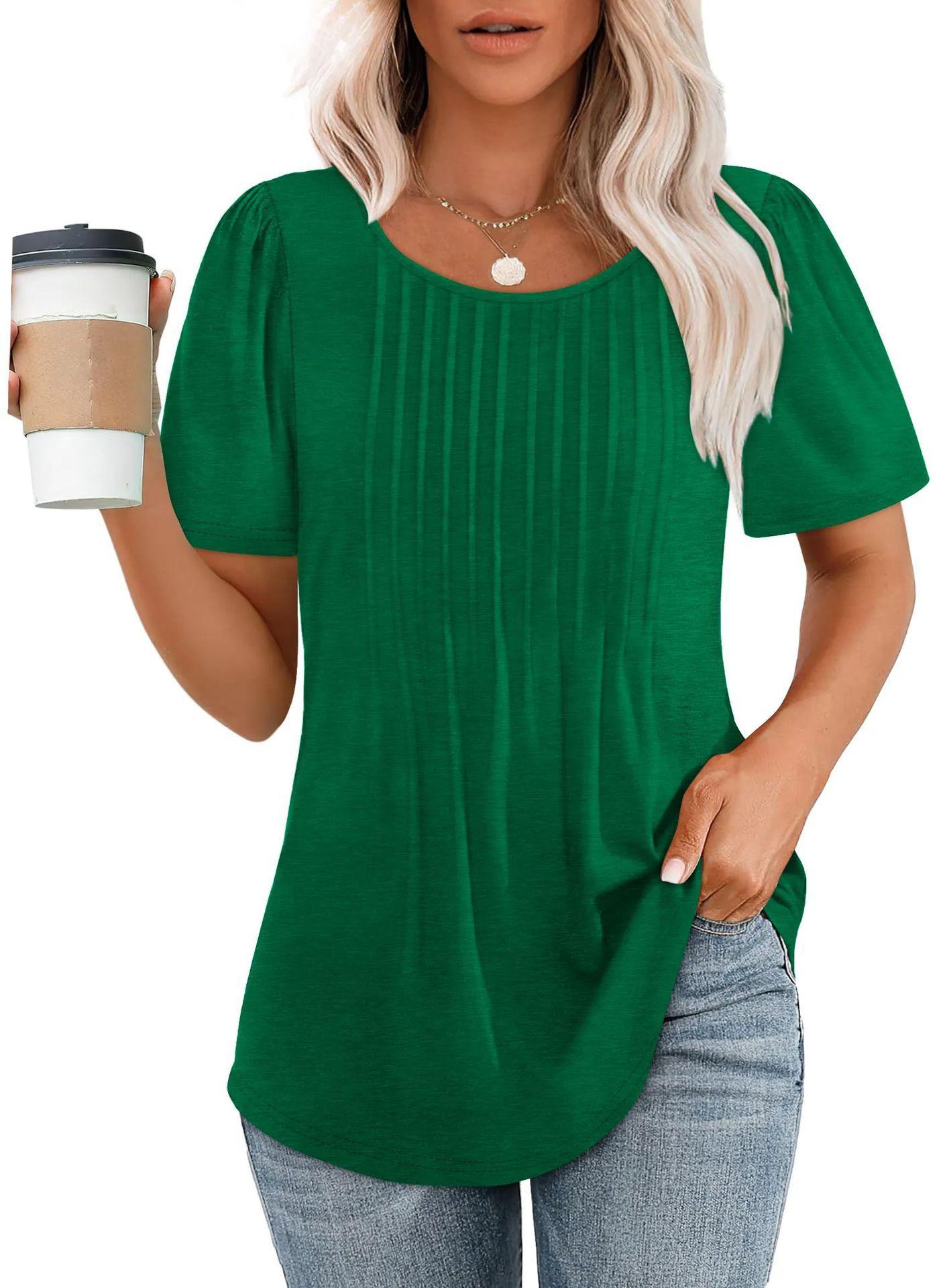 Pleated Round Neck Short-sleeved T-shirt Women's Top