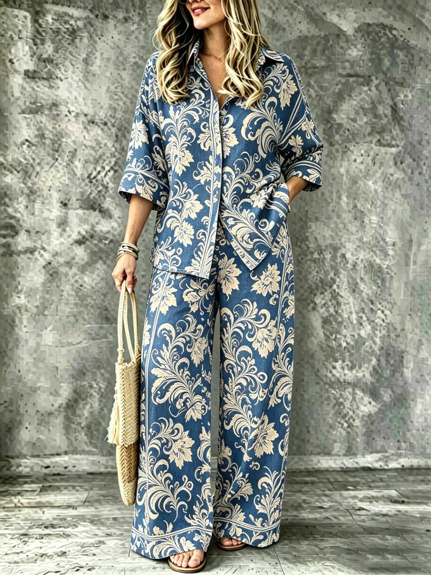 Summer Womens Shirt Set With A Digital-print Collar