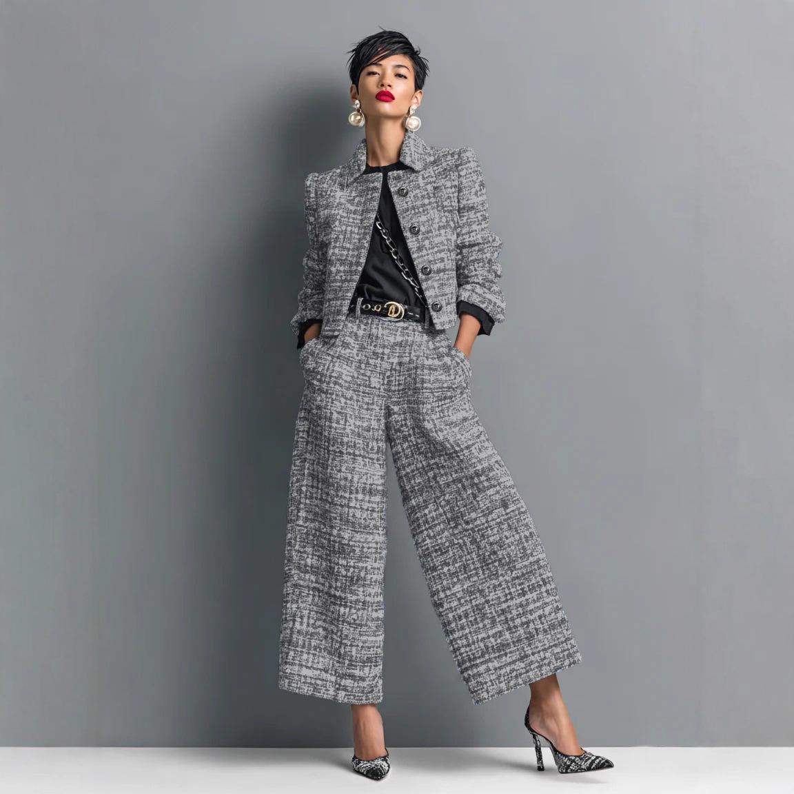 2025 Cross-Border European And American New Style Lapel Slim Women's European And American Style Long-Sleeved Short Jacket With Wide-Leg Pants Suit