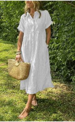 Striped Collared Short Sleeve Shirt Dress