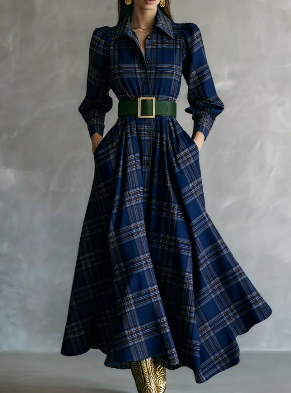 Waist-cinching Shirt Collar Casual Long Dress