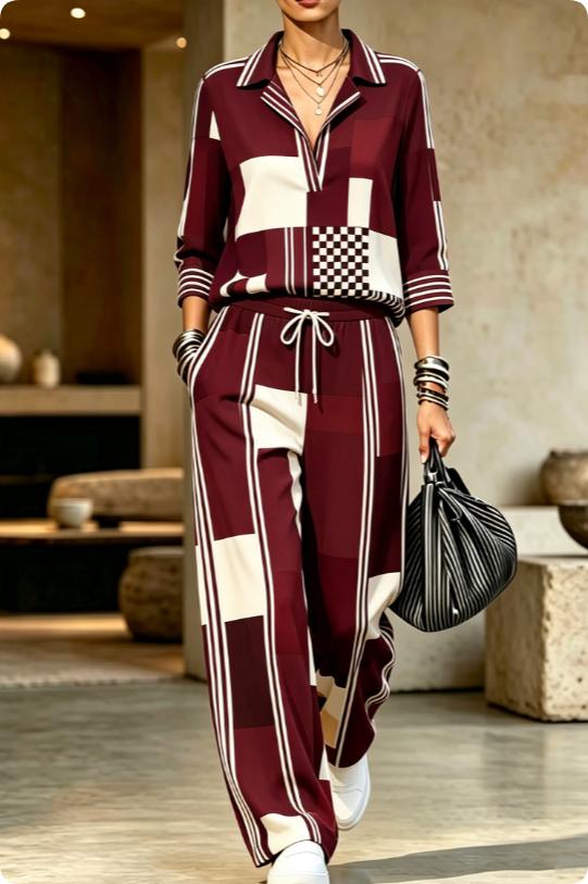 Womens Summer Lapel-Neck Cropped-Sleeve Set