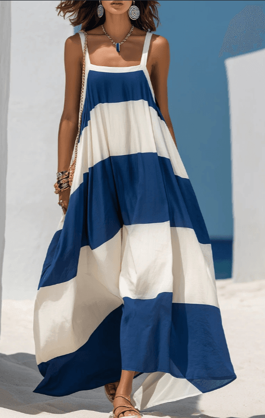 Blue And White Striped Sleeveless Maxi Dress