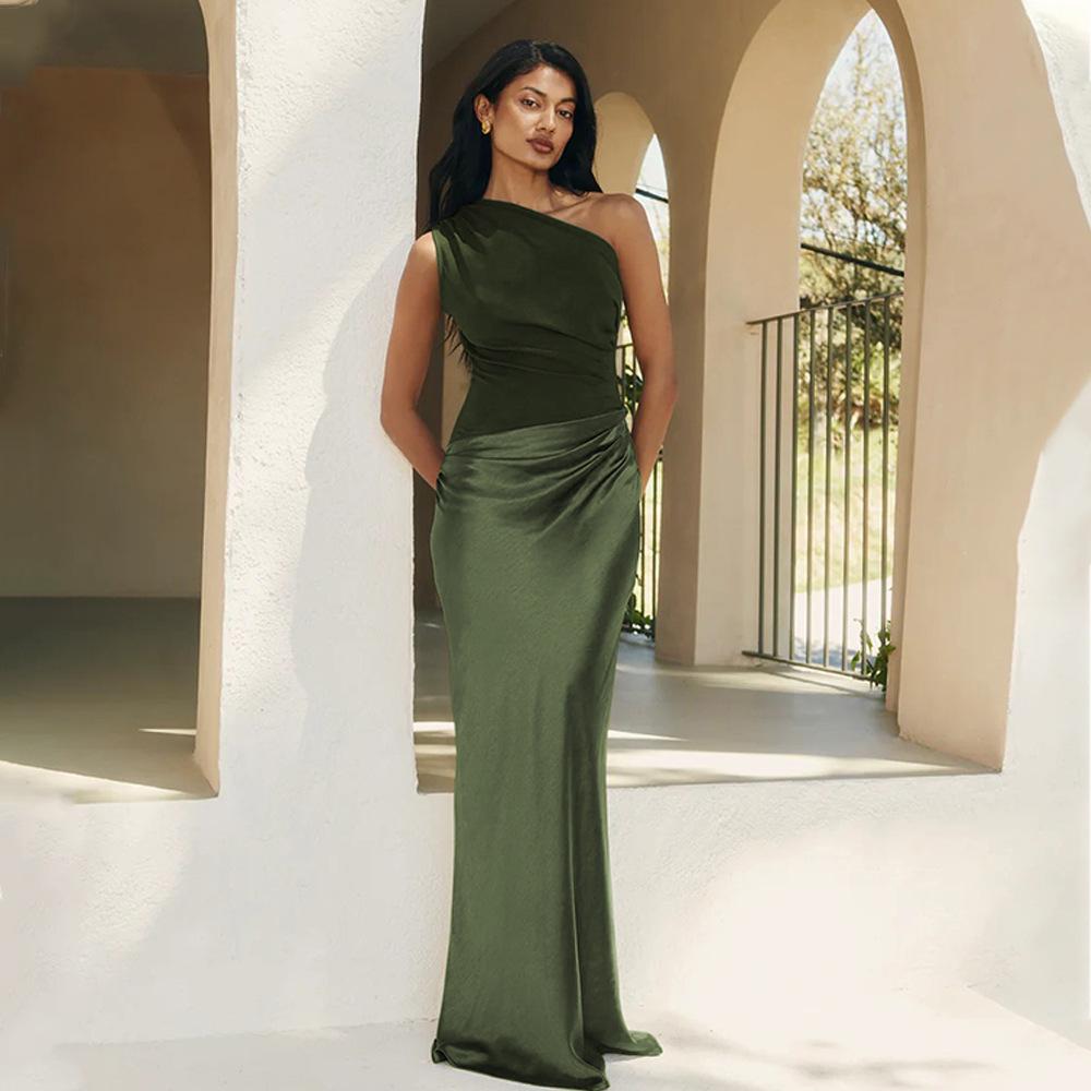 Satin Elegant Slim-fit One-shoulder Dress Sheath