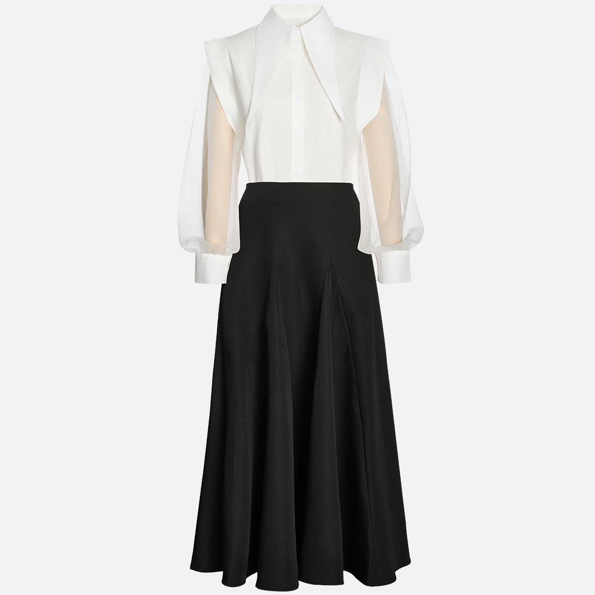 Black & White Oversized Shoulder Shirt & High-Waisted Maxi Skirt Set