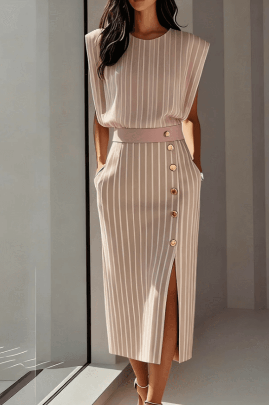 Women's Modern Retro Geometric Striped Round Neck Sleeveless Slim Fit Midi Dress With Slit