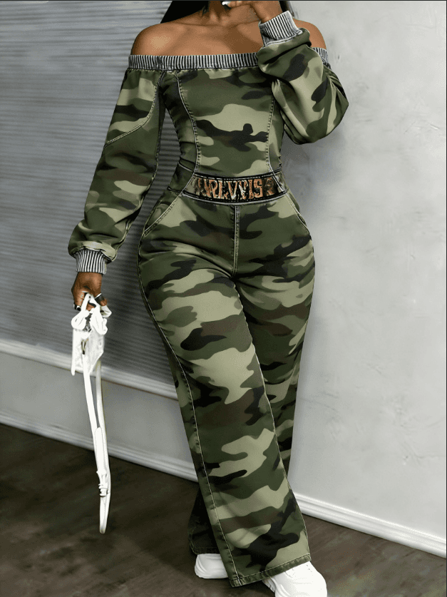 Women's Camouflage Off Shoulder Jumpsuit