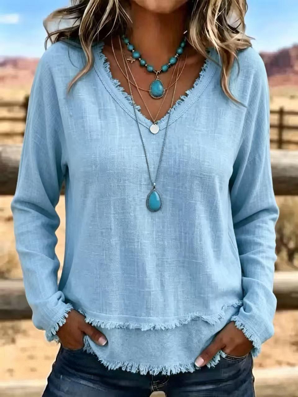 V-Neck Long Sleeve T-Shirt With Tassel Women's Loose Fit Casual Top For Daily Wear Clothing