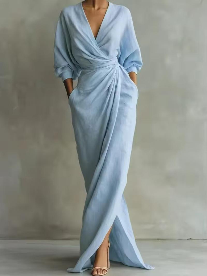 Resort Style Solid Color V-Neck Long Women's Dress
