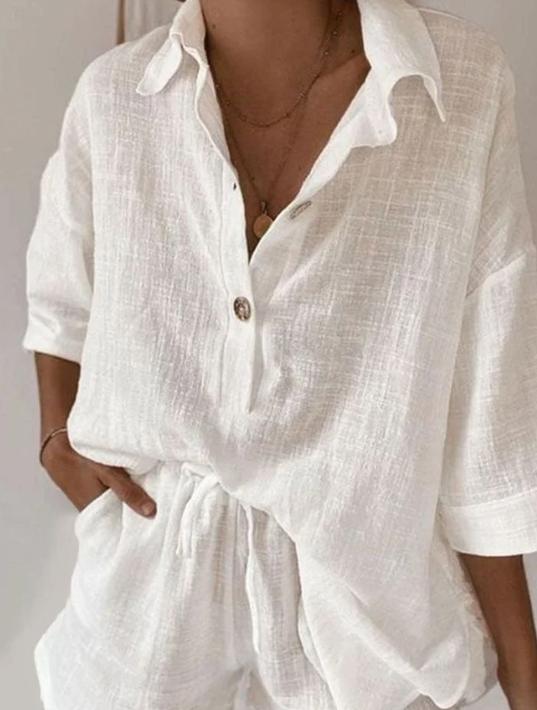 Women's Casual White Lapel T-Shirt Shorts Two Piece Set