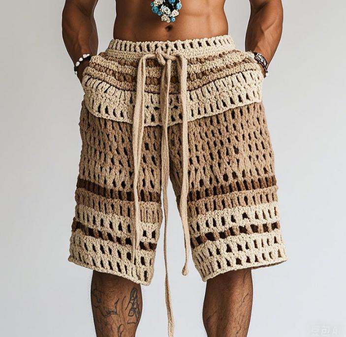 European And American Men's Casual Short Pants With Striped Design