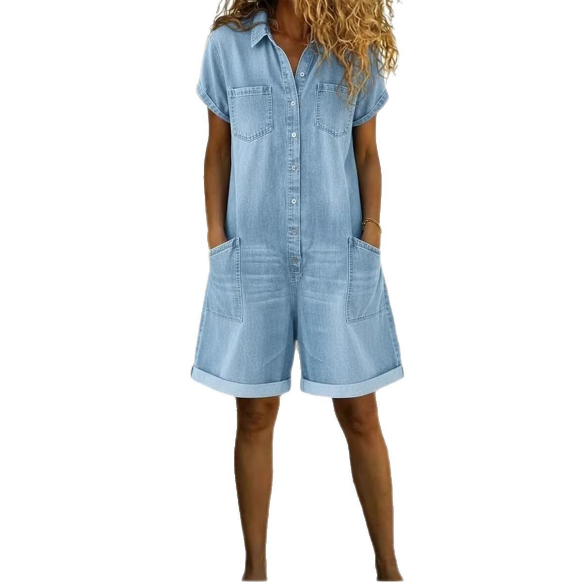Womens Spring Short-Sleeve Multi-Pocket Shirt Washed Denim Jumpsuit