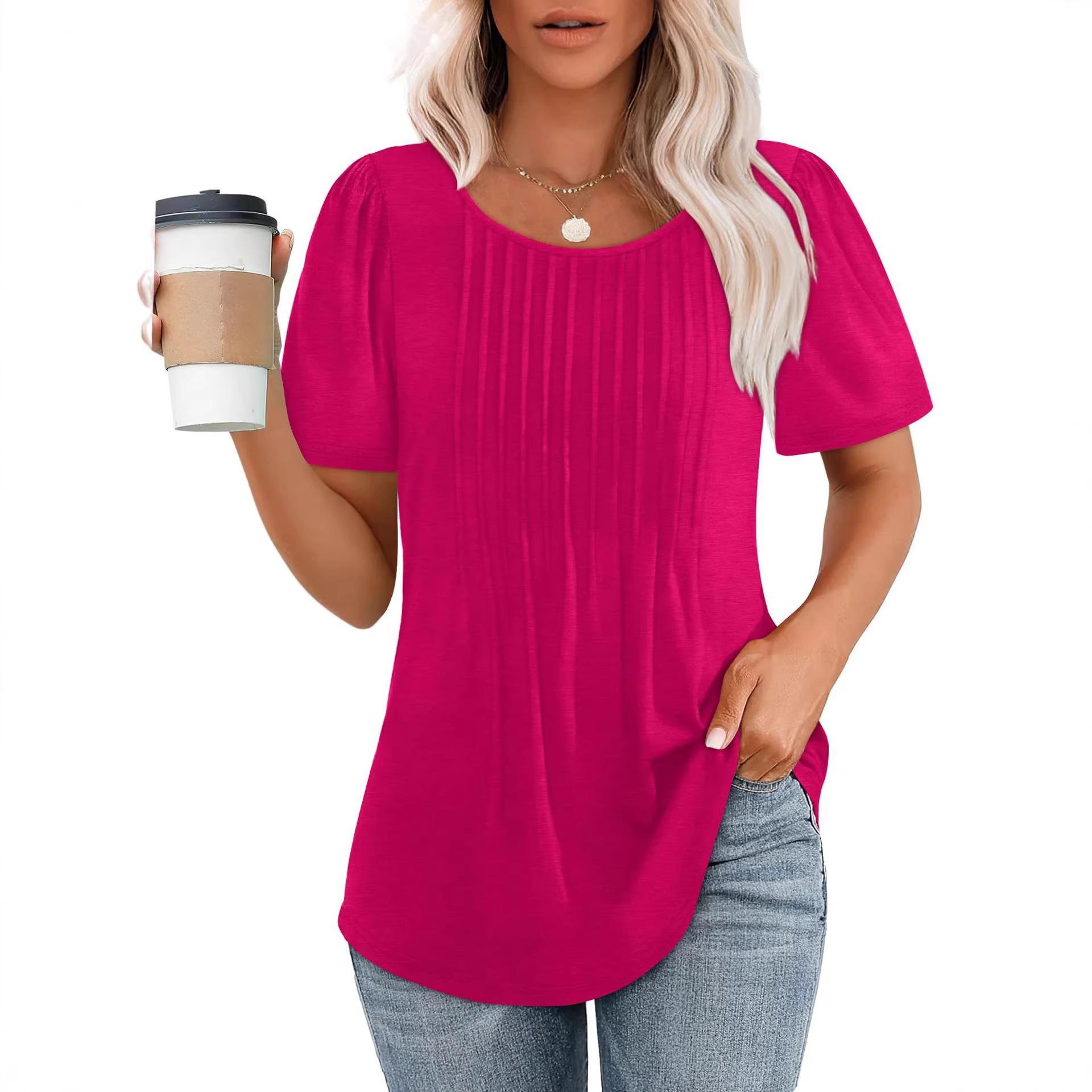 Pleated Round Neck Short-sleeved T-shirt Women's Top